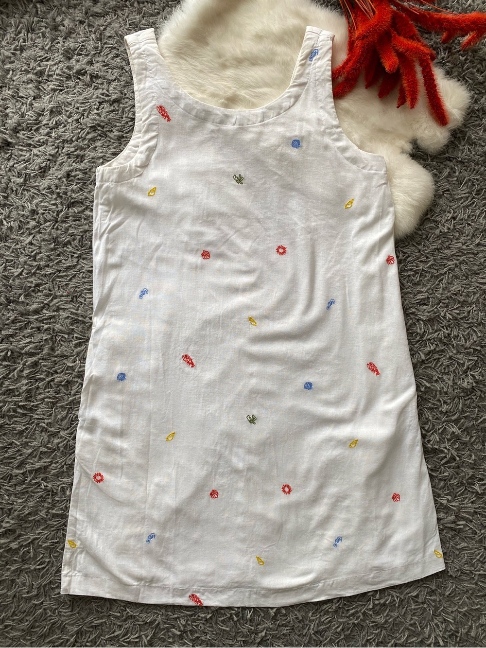 C&C California White Linen Blend Embroidered Coastal Motif Dress